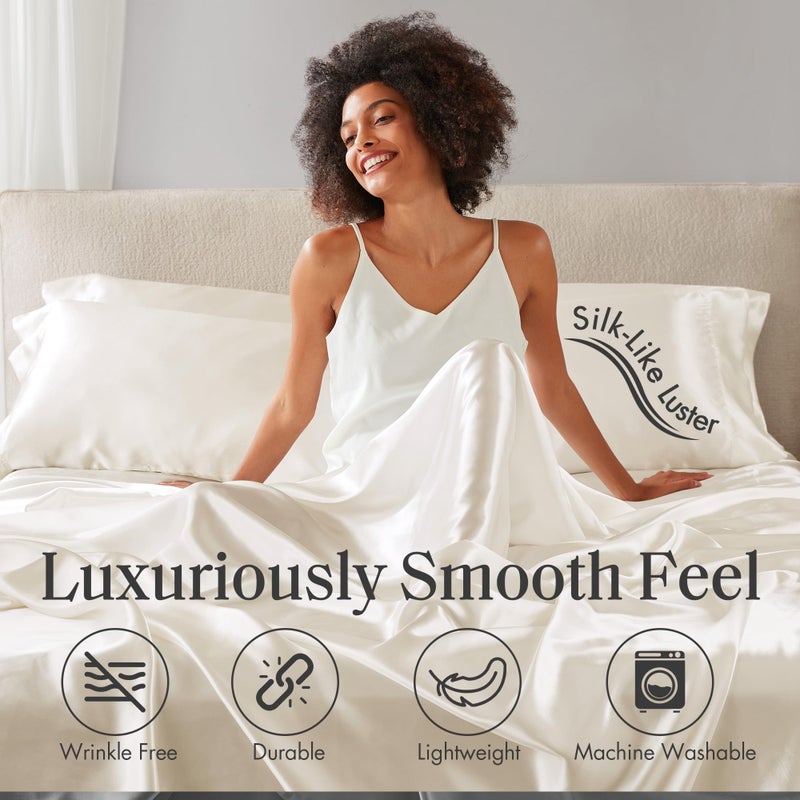 Madison Park Essentials Satin Sheet Set Luxury and Silky with Natural Sheen  Elastic 14"" Pocket fits up to 16"" Mattress  All Around Elastic - Year-Round Bedding  King  Ivory  6 Piece - Image 4
